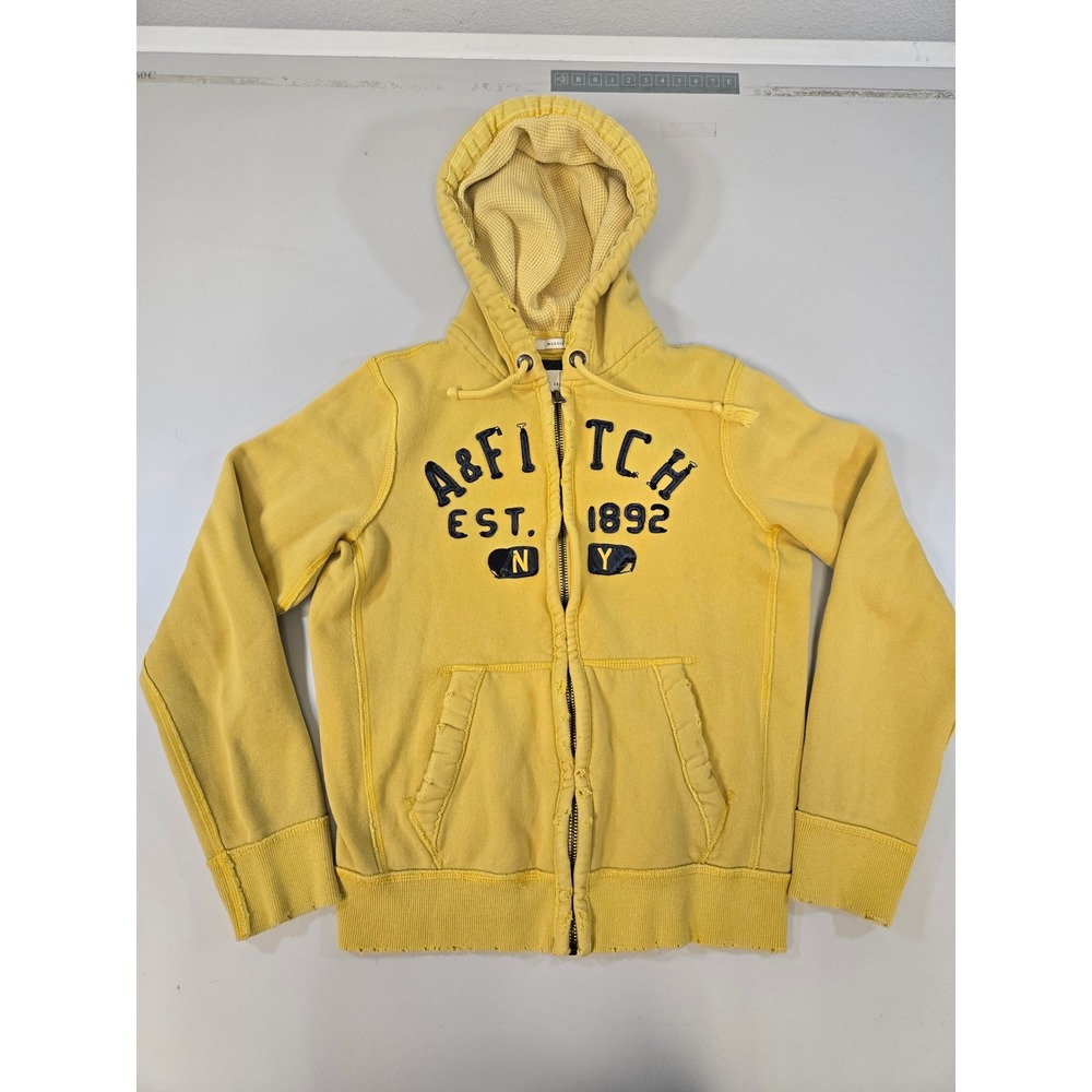 Abercrombie‎ & Fitch Mens Muscle Zip Up Hoodie Yellow Logo Distressed Size M